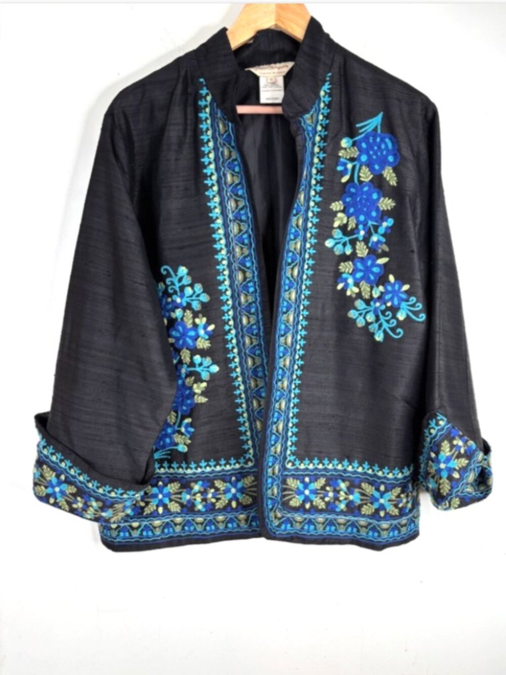 Norm Thompson 100% Silk Jacket XL Black Floral Embroidery Open Front Boho Artsy